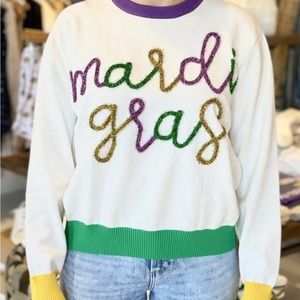 QOS Mardi Gras Script Sweater Size S